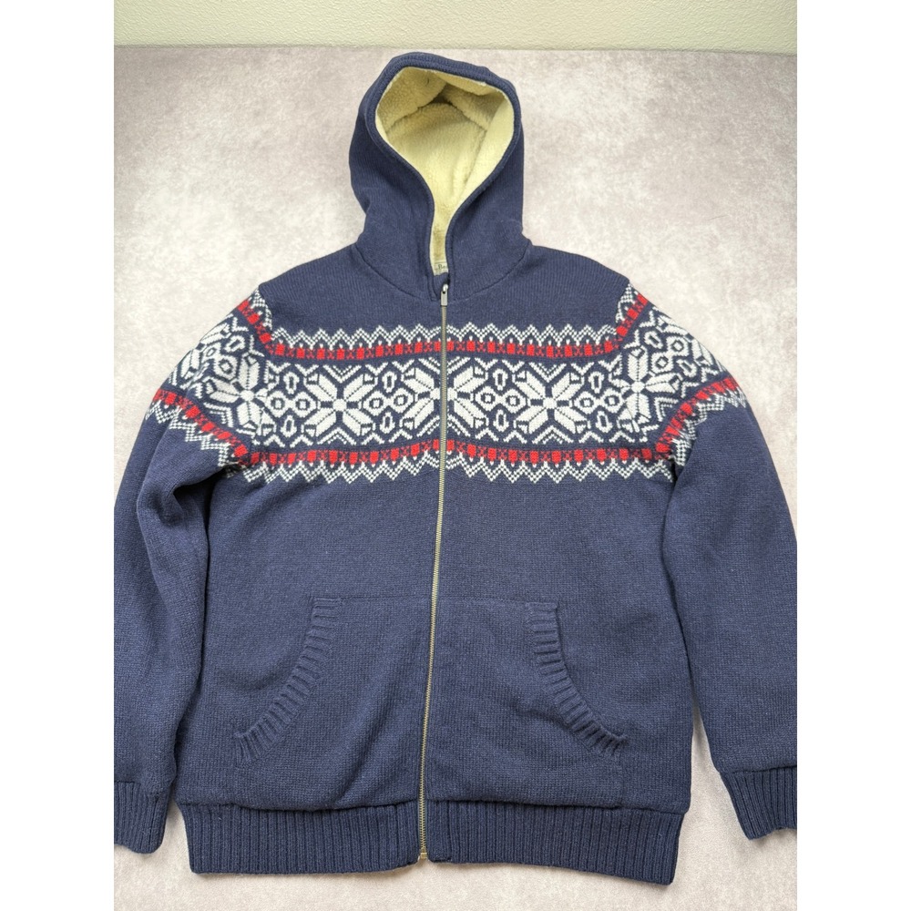 LL Bean Men L Lambswool Sherpa Lined Full Zip Hood Sweater Nordic Fair Isle Blue